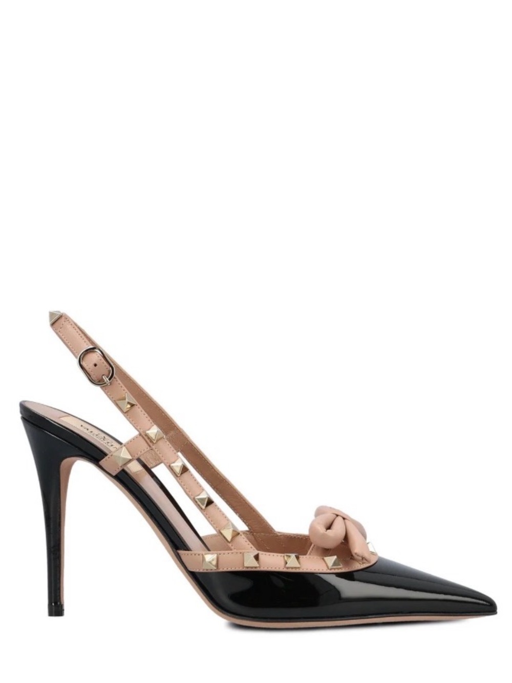 Valentino Garavani Black Patent & Nude Bow Slingback Heels with Gold Studs - Picture 7 of 7